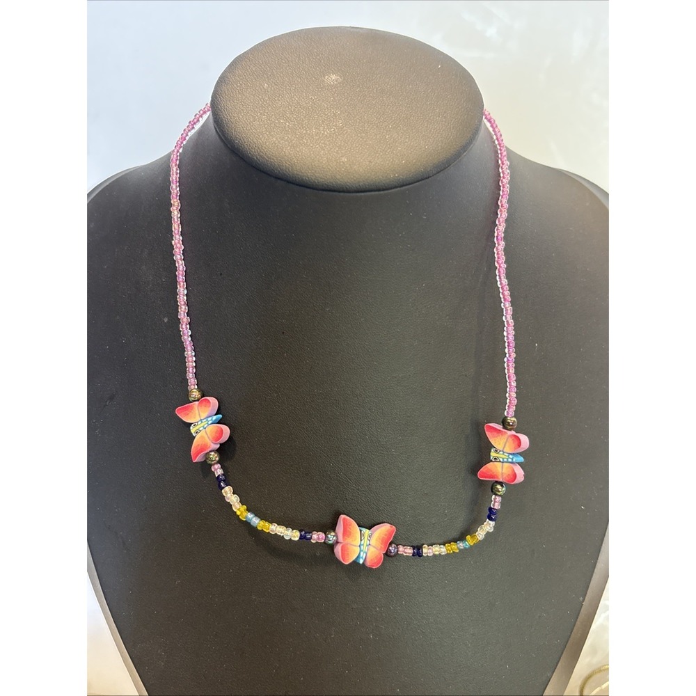 Vintage Y2K Beaded Butterfly Necklace - Colorful Polymer Clay Fimo Beads 16"